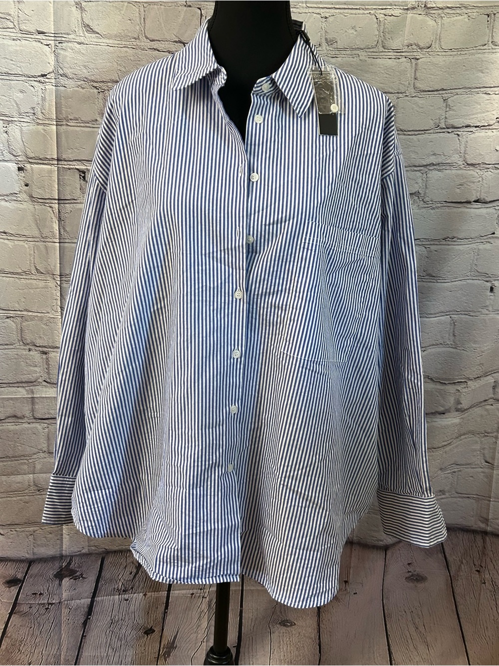Tahari Blue and White Pinstripe Button-Down Shirt